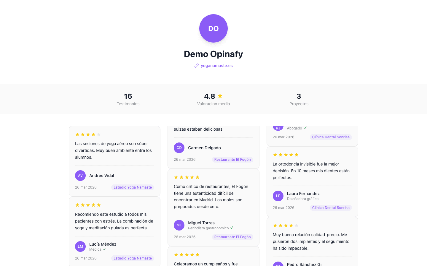 Mini sitio público con testimonios verificados