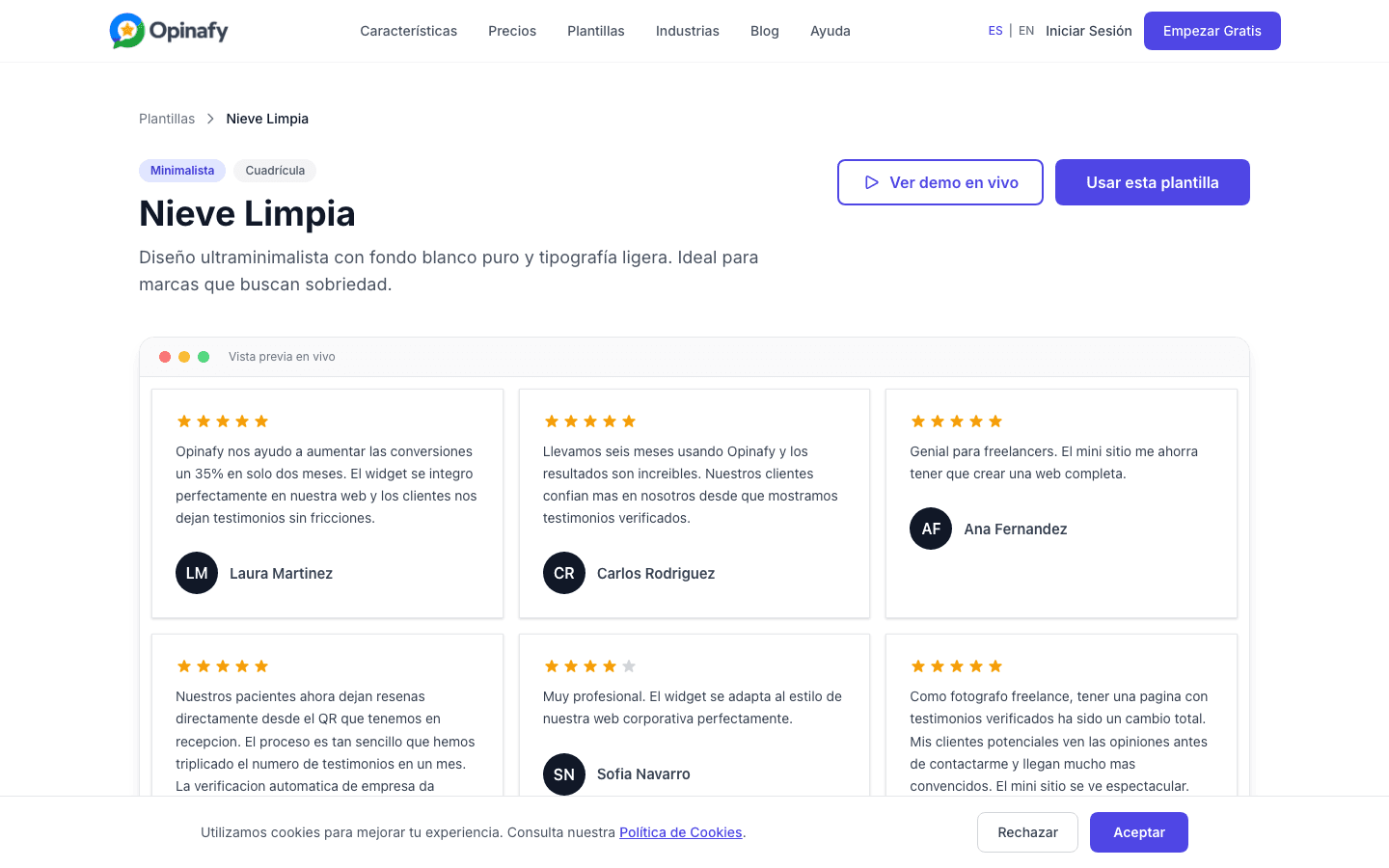 Vista previa de plantilla de testimonios en Opinafy