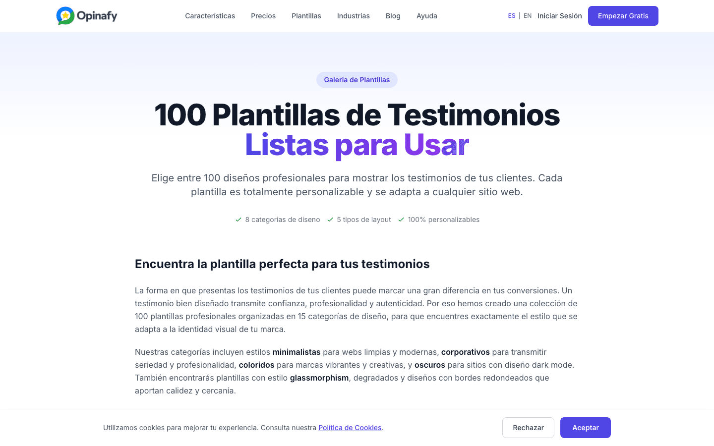 Galería de plantillas de testimonios de Opinafy